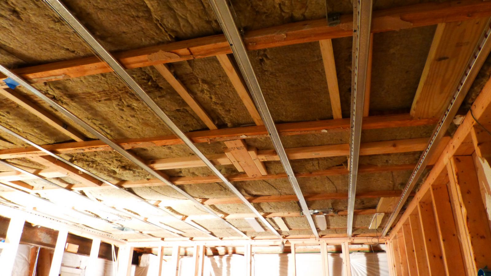 P- Auralex RC8 wall decoupling metal strips (16 inches apart within 24 in wide joists)
