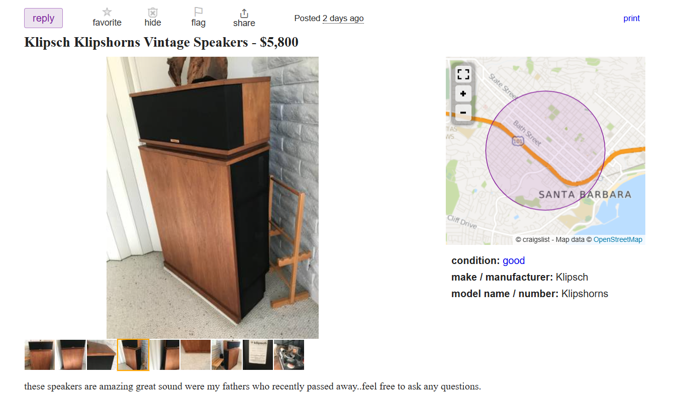 Klipschorns on Santa Barbara CA Craigslist Alerts! The Klipsch